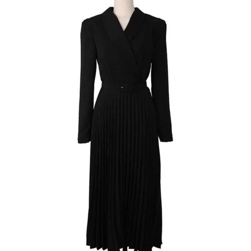 

One-Piece Ladies Long Sleeve Pleated Dress Korean Chic Office Elegant Lapel Waist Dresses Spring Autumn 2020 New Women'S Dress