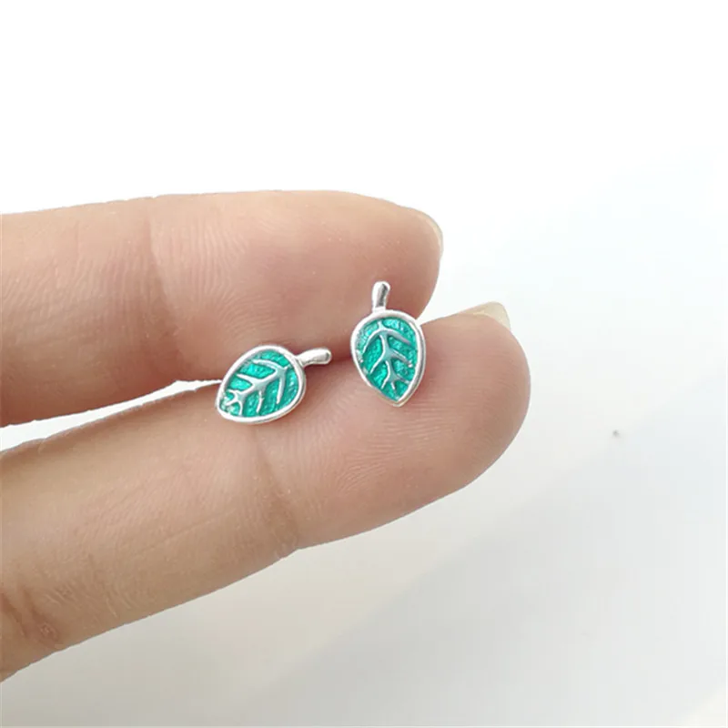 Серьги гвоздики из стерлингового серебра 925 пробы с зелеными листьями для женщин