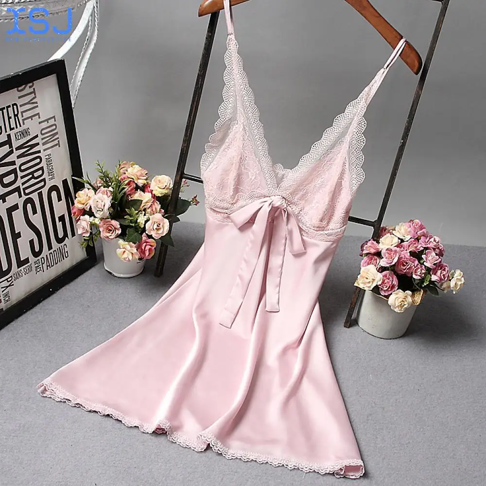 

Женская сексуальная шелковая атласная ночная рубашка без рукавов кружевная ночная рубашка