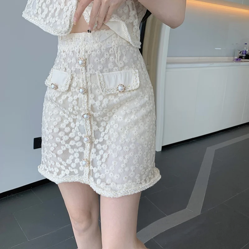 

Two Piece Set Women Patchwork Lace Single-breasted Hollow Out Sweet Top + Skirts Suits Vintage Style Casual Sets Ensembles Femme