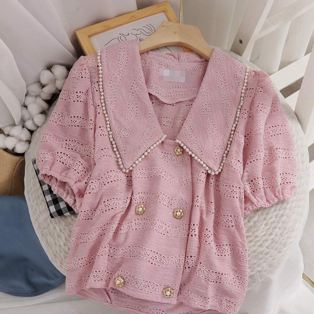 

Pearl Collar Crocheted Doll Shirts for Women 2021 Summer Korean Fashion Elegant Cardigan Double Breasted Tops Sweet Cute Blouse