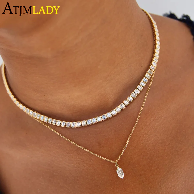 

Geometric Bezel Square Cubic Zirconia Iced Out Bling Jewelry 16" Sparking Cz Cluster Tennis Chain Choker Necklace For Women