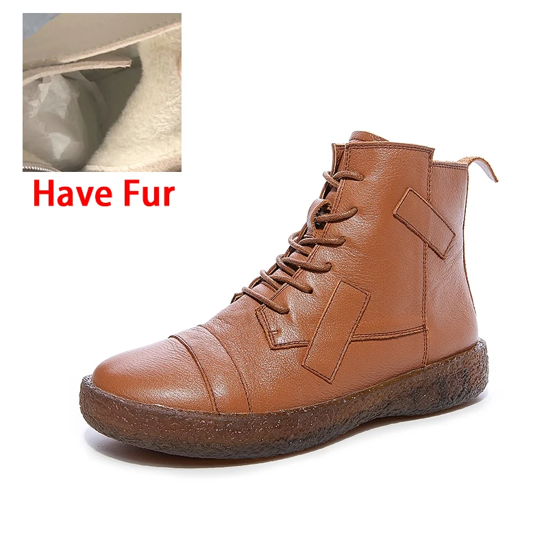 PEIPAH Women's Genuine Leather Shoes Woman Ankle Boots Female Retro Flat With Zip Women's Shoes Autumn Winter Bootee Woman - Color: 6