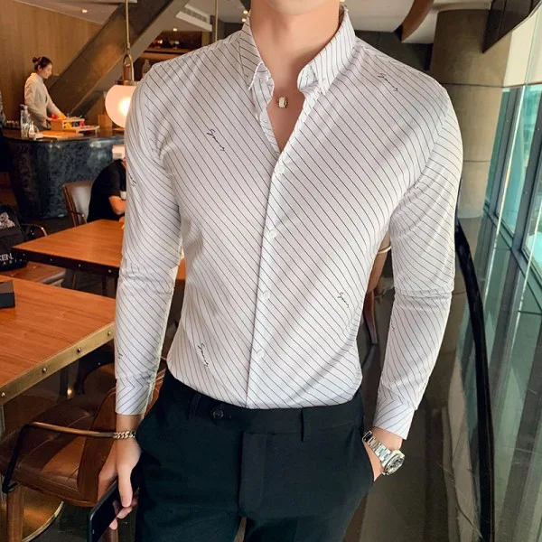 Chemise Homme британский стиль Для мужчин рубашка в полоску с длинными рукавами, высокое качество, отложной воротник, деловая, общественная рубашки Для мужчин клубный костюм-смокинг - Цвет: Белый