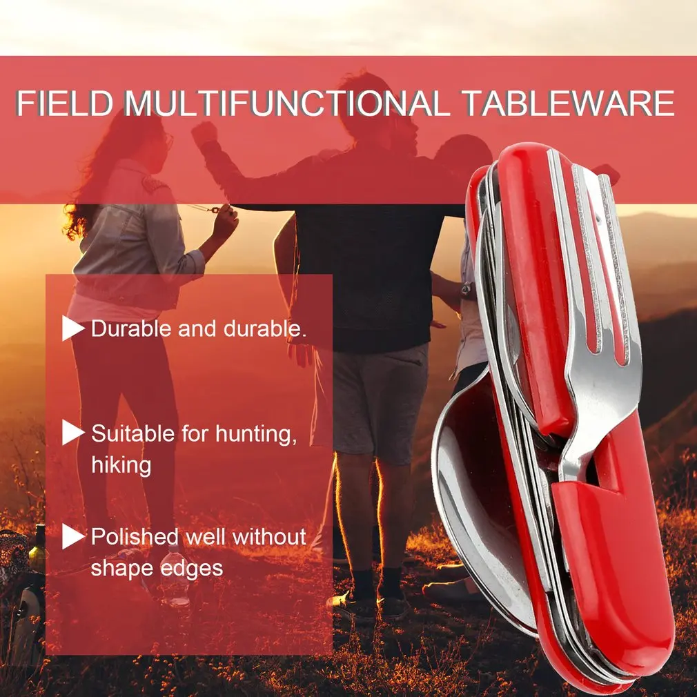 

4 in 1 Multifunctional Outdoor Tableware Stainless Steel Foldable Fork Spoon Knife Picnic Camping Hiking Travelling Dinnerware
