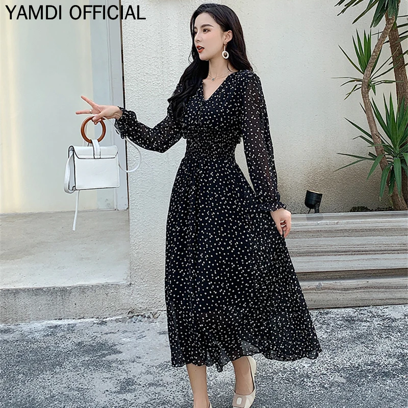 Женское платье миди WAVSIYIER винтажное шифоновое с длинными рукавами и v образным