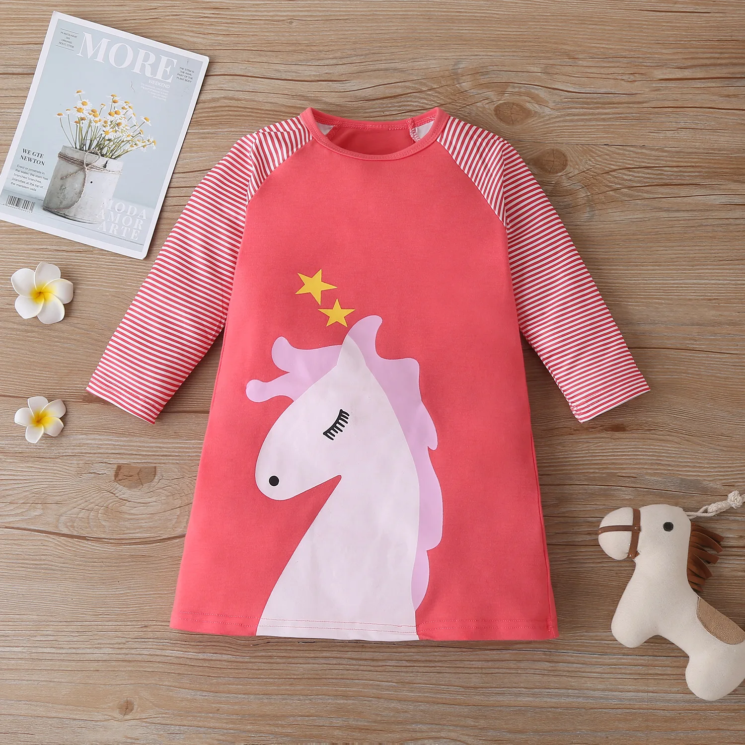 

Girls Children's Clothing Dress Unicorn Print Cute Long-Sleeved Striped Knee-Lengthdresses Home Casual 2021 Spring Autumn New
