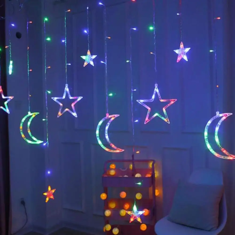 Star Moon Colorful 220 В водонепроницаемый Светодиодный светильник-гирлянда с пентаграммой, звездой, занавеской, светильник s, сказочный светильник для свадьбы, дня рождения, Рождества, декоративный светильник для помещений - Испускаемый цвет: Star Moon Colorful