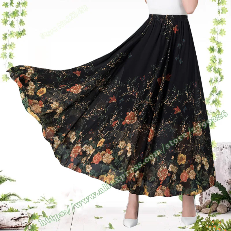 2021 Summer Female Bohemia Plus Size 6XL 5XL Fashion Elegant Black Floral Chiffon Big Flower Beach Maxi Ladies Skirts Womens