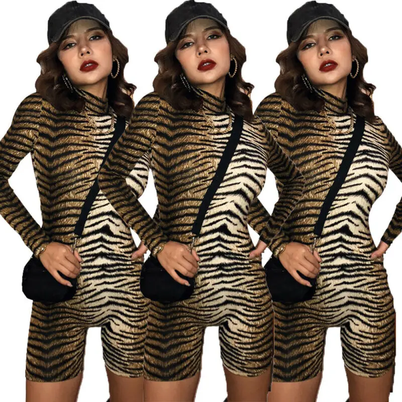 Женское боди с длинным рукавом и черепаховым вырезом трико принтом тигра