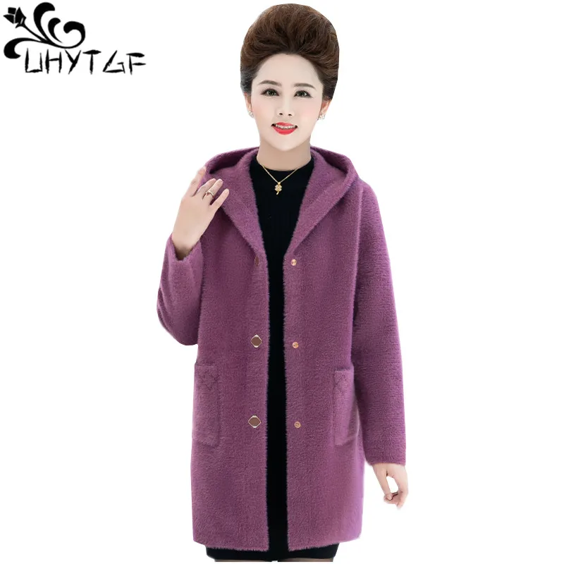 UHYTGF Winter Coat Women Quality Mink Fleece Autumn Wool Jacket Fashion Double-Sided Woolen Hooded Warm Outerwear Big Size 1135