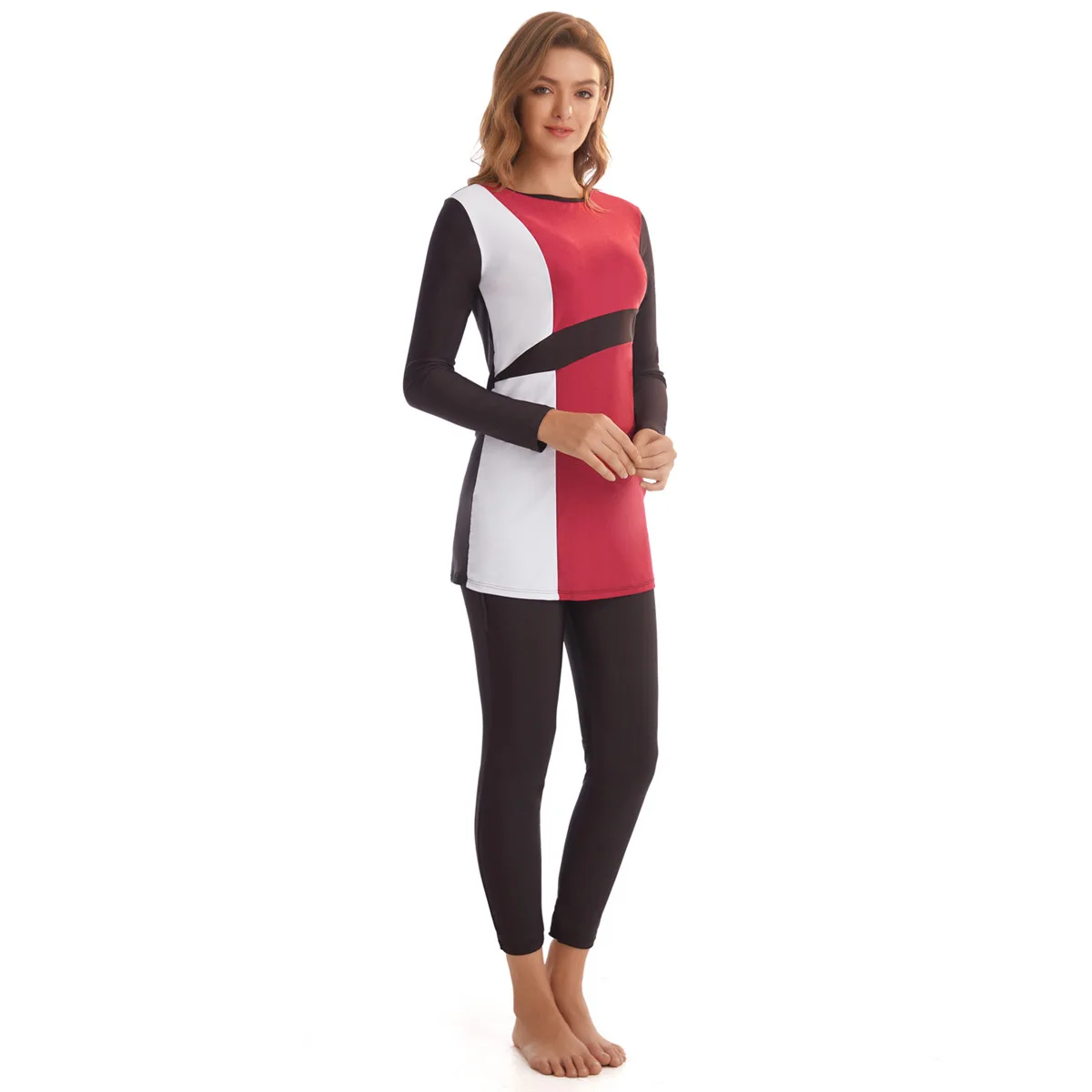 WEPBEL Clothing Set Women Swimsuits Patchwork Muslim Swimsuit Swimming Long-Sleeved Color Matching Swim Clothes Set 2pcs