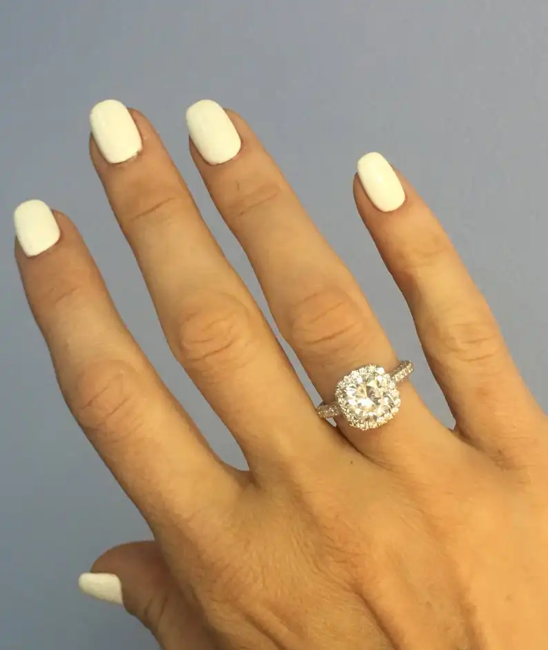 

Solid 14K White Gold Center 7mm Cushion Cut EF Color Moissanite Halo Engagement Ring for Women Wedding Anniversary