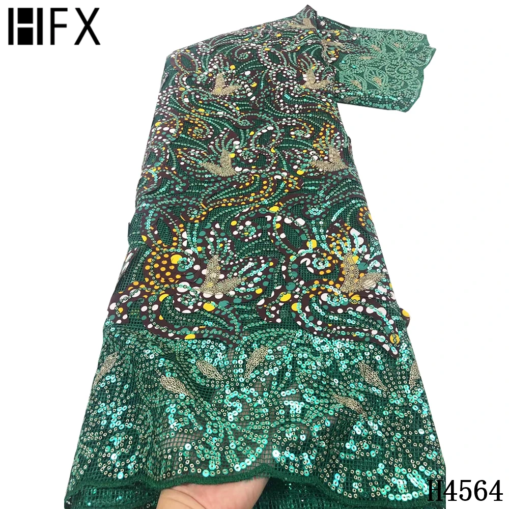 

HFX New Style Mesh Wax Print Sequins Lace Fabric 2021 African Wax Fabrics Embroidery French Lace Fabric For Wedding Dress F4564