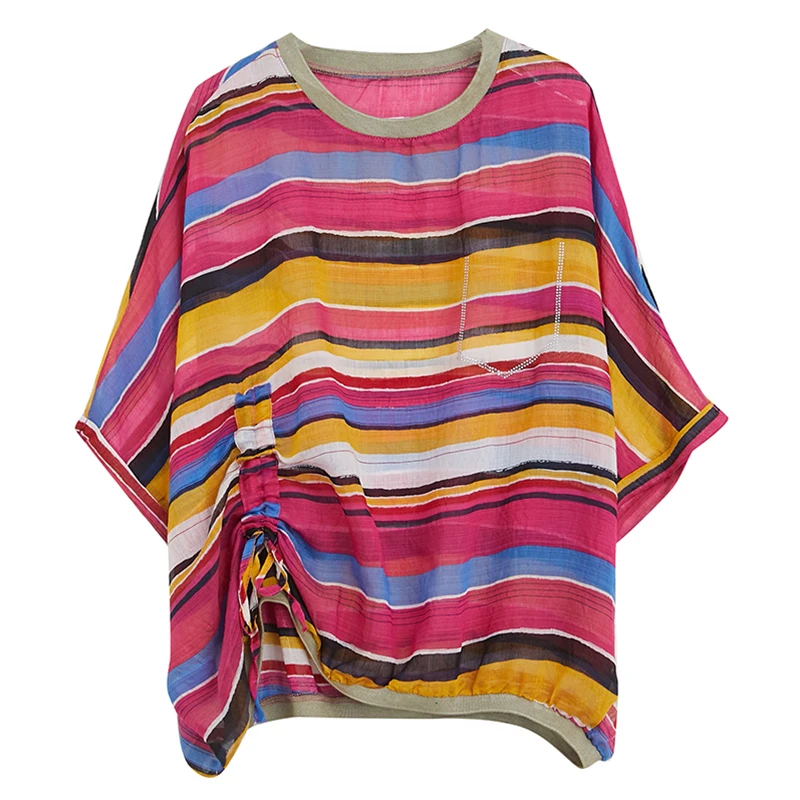 

DIMANAF Plus Size T-Shirts Women Clothing Summer Basic Lady Tunic Tops Tee Shirt Cotton Linen Loose Casual tshirt Print Striped