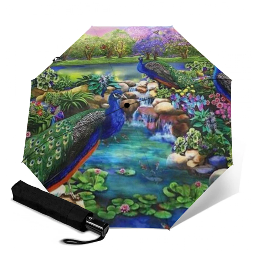 Автоматический зонт с принтом павлина женские и мужские складные солнечные