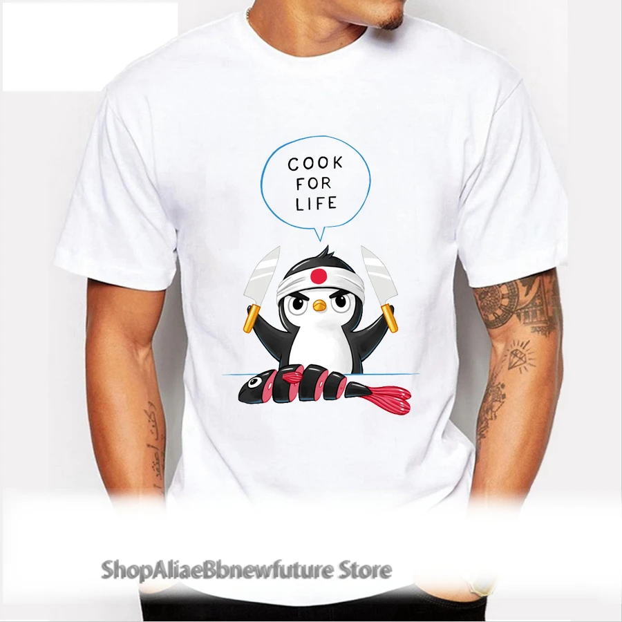 

Penguin Chef Men fashion t-shirt short sleeve casual male tops Cook For Life funny design men hipster cool tee shirts