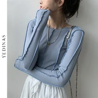 skintight sexy women blouse korea shirt bottoming tops soft knitted female shirts blue rose spring blouses fashion blusa chic