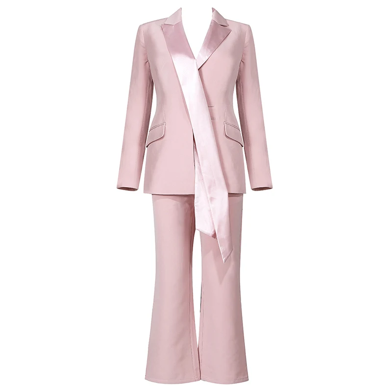 

Max Spri 2020 New Collection OL Style Two Piece Sets V Neck Long Sleeve Sash Blazer Boot-cut Pants Pink Women Suits