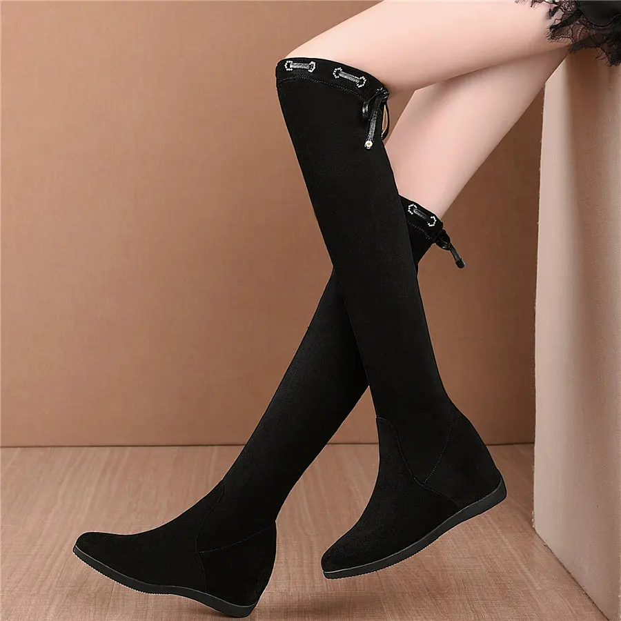 

Thigh High Shoes Women Black Genuine Leather Wedges High Heel Knee High Boots Female Stretchy Long Shaft Platform Oxfords Shoes