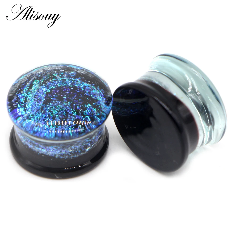 Alisouy 2PCS Fashion Round Blue Milky Way Glass Ear Piercing Plugs Strechers Fake Earrrings Romantic Gift For Unisex 6mm to 25mm images - 6
