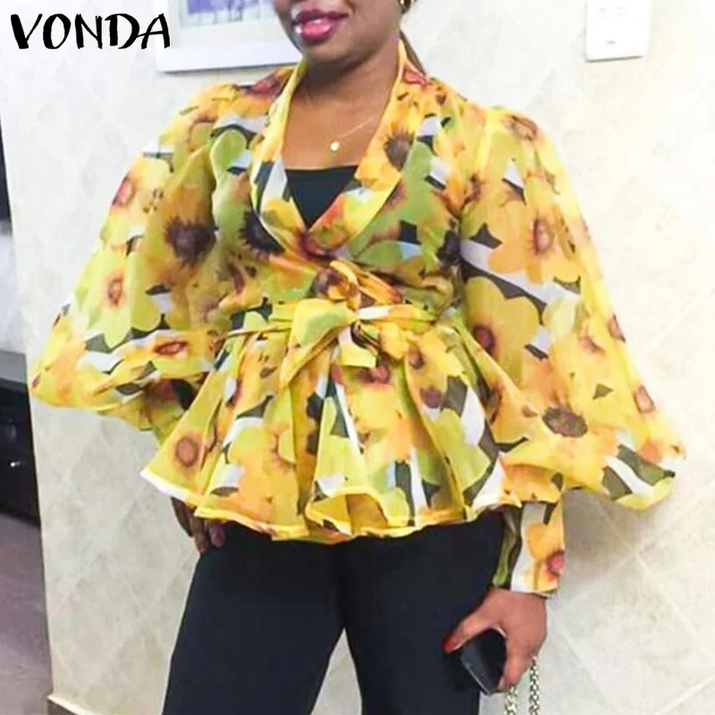 

Элегантные женские топы VONDA, блузка с принтом 2021, Осенние сексуальные повседневные плиссированные рубашки с V-образным вырезом и длинным рук...