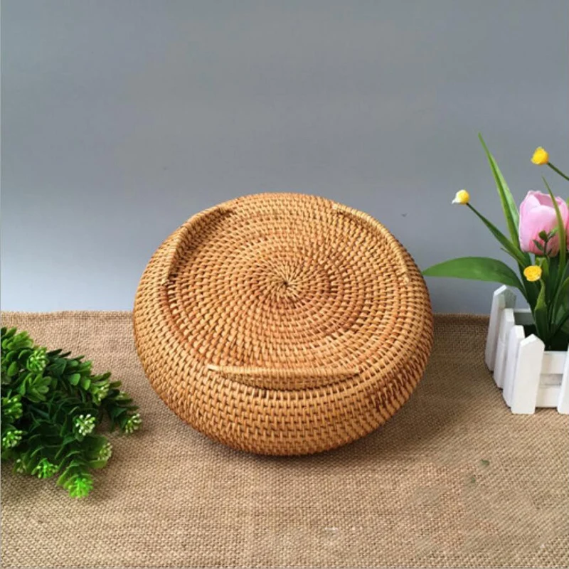 New Storage Basket Hand-Woven Rattan Woven with Cover Round Primary Color Chinese Jewelry Snacks Tea Set Box | Дом и сад