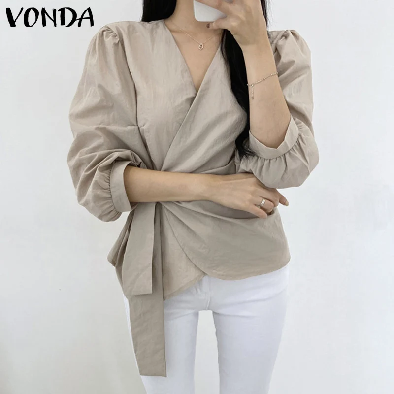 

Женский топ VONDA 2021, Женская пикантная туника с пышными рукавами и V-образным вырезом вечерние топы, Женская Повседневная Блузка, однотонная ж...