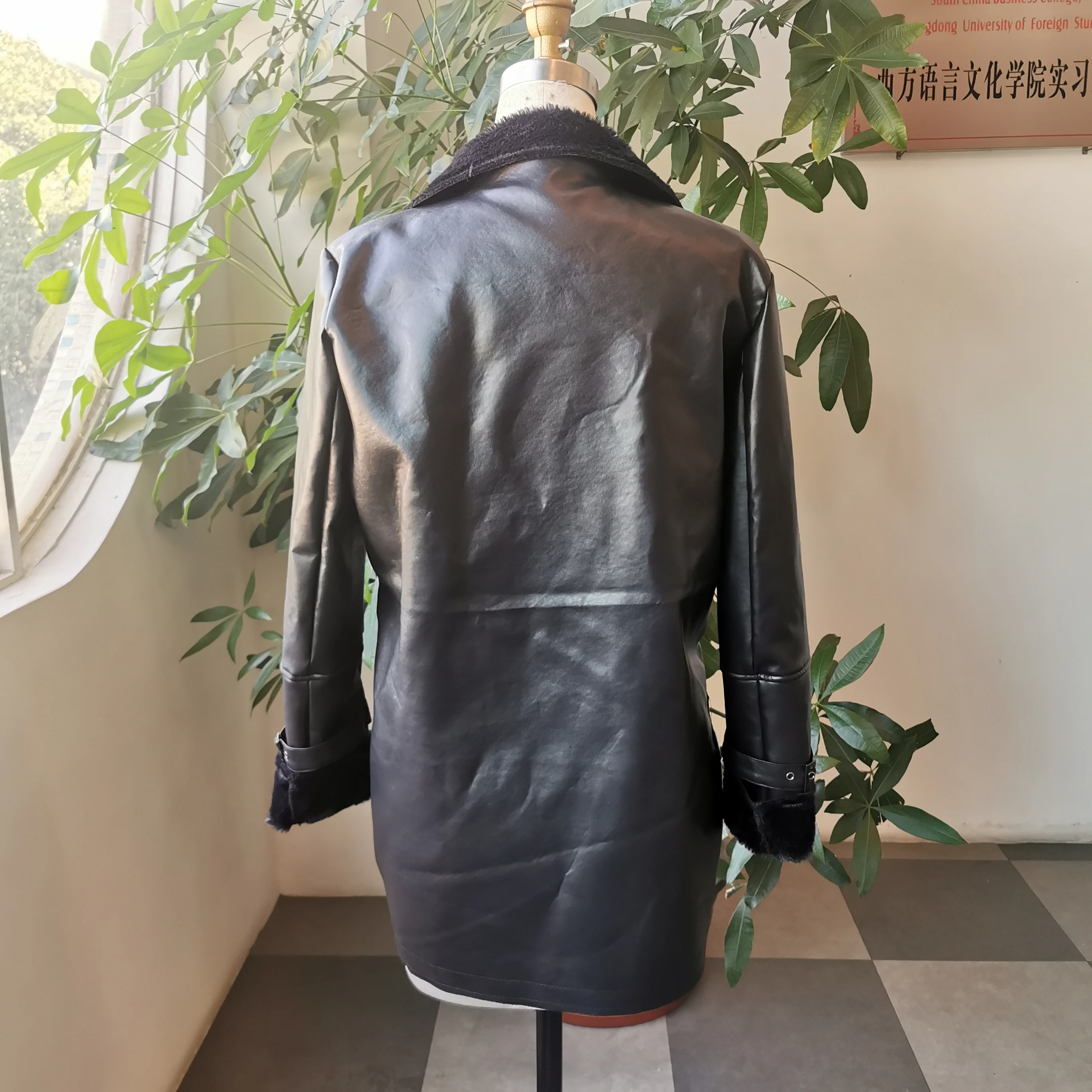 Women Winter Fashion Warm PU Leather Jacket Fake Fur Black Long Coat Office Lady Zipper Western Punk Gothic Outwear Young Girl