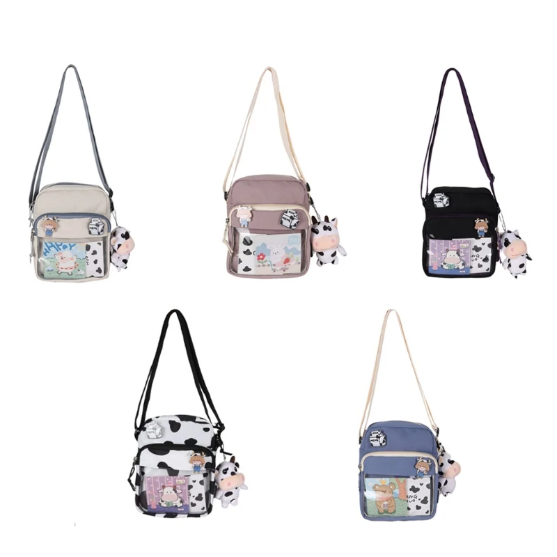 

Harajuku Cow Pattern Canvas Bag Women Shoulder Messenger Transprant Crossbody Bags with Cute Pendant