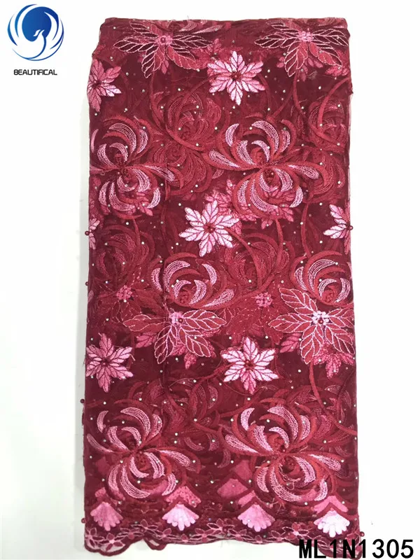 

Beautifical nigerian lace fabrics New design embroidery net lace fabrics for dress french lace beads and stones 5yards ML1N1305