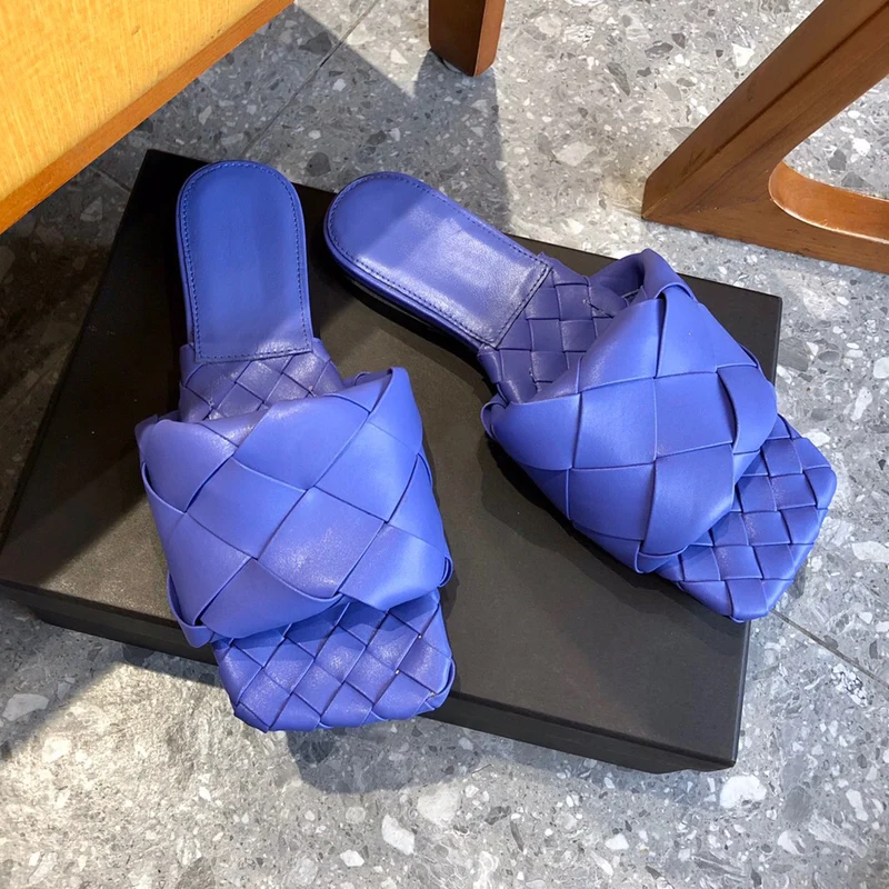 

Prowow Woven Square Toe Flat Woman Slippers Summer Outdoor Beach Genuine Leather Ladies Sandals Luxury Designer Female Flats