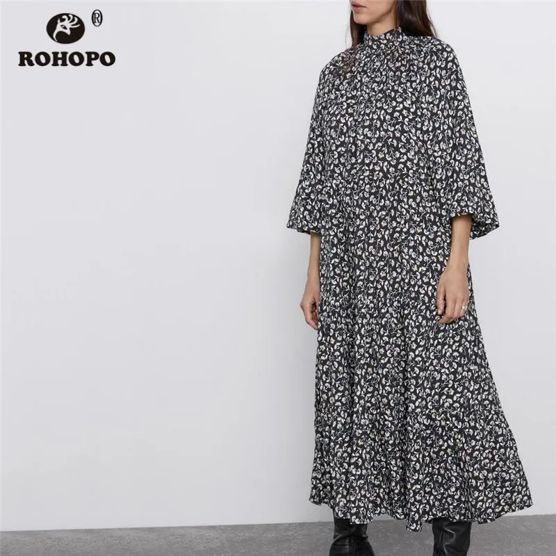 ROHOPO/платье средней длины с высоким воротником и принтом рукав три четверти на