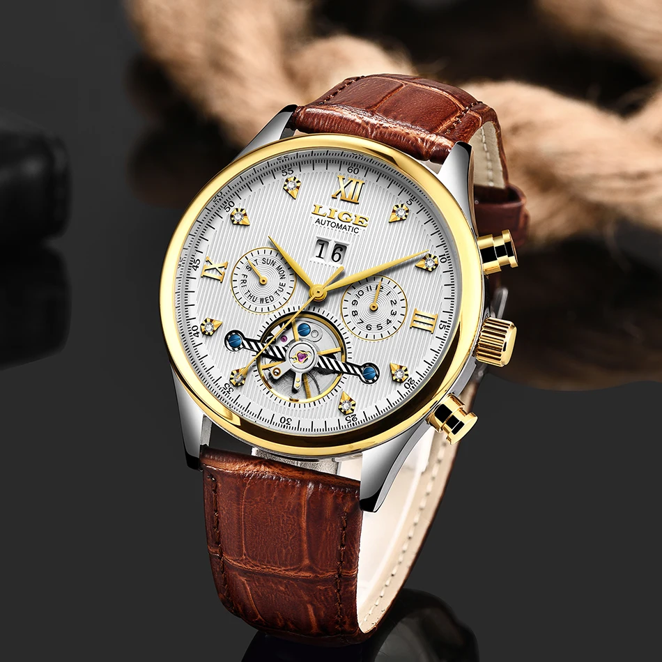 LIGE Брендовые мужские часы автоматические механические часы Tourbillon спортивные часы кожаные повседневные деловые часы в ретро-стиле Relojes Hombre