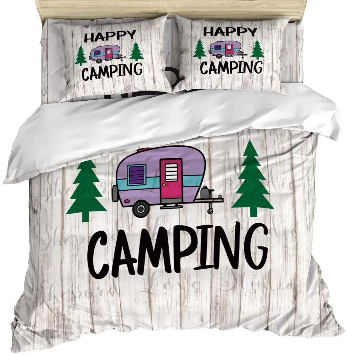 

Luxury 4 Piece Bedding Set Queen Size, Happy Camping on Rustic Wooden Plank Duvet/Comforter/Quilt Cover Set with