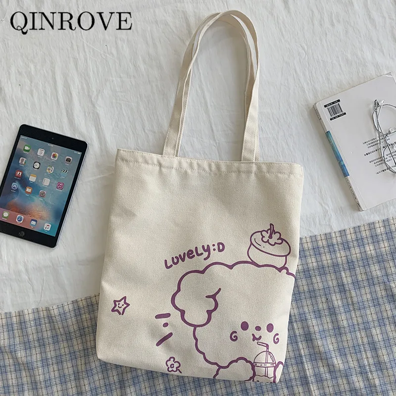 

Canvas Shopping Bag With Pockets Tote Bag for Women Female Anime Shoulder Bags Eco Friendly Cloth Shopper Bag Foldable Handbag