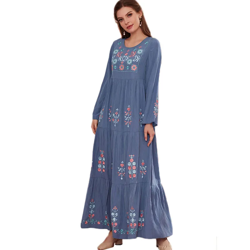 

Арабская абайя, мусульманское женское длинное платье с вышивкой, этническое винтажное Макси-Платье с круглым вырезом, Дубай, турецкий стиль...