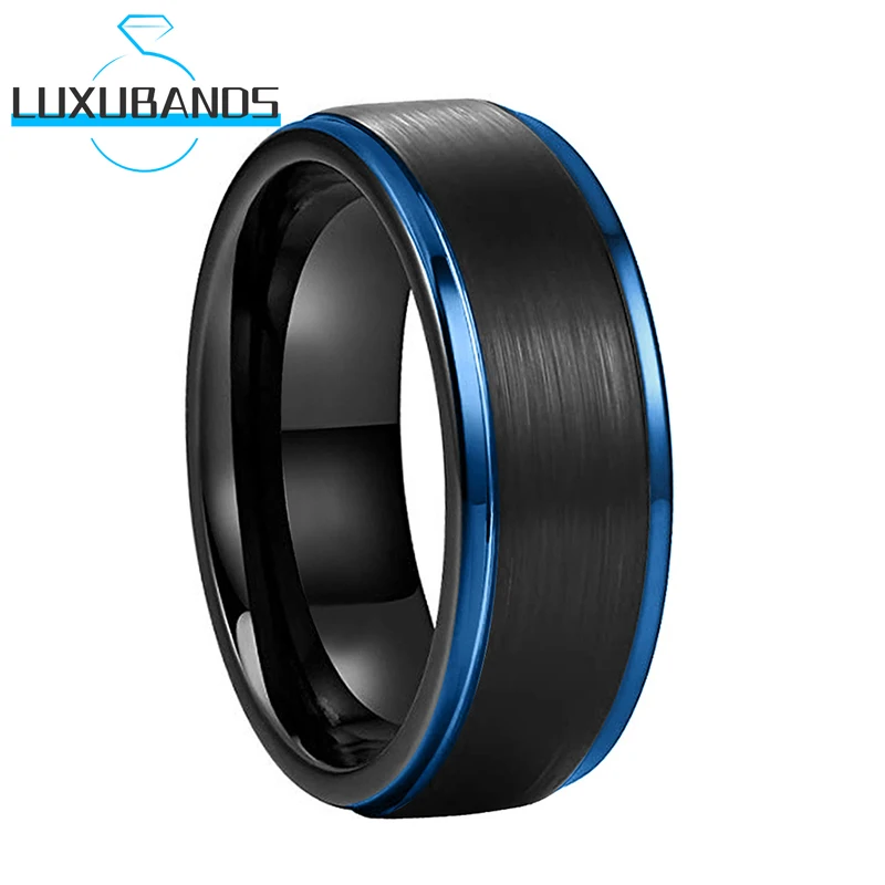 

8MM Two-Tone Tungsten Ring For Men Wemen Engagement Blue Stepped Edges Black Brushed Finished Comfort Fit
