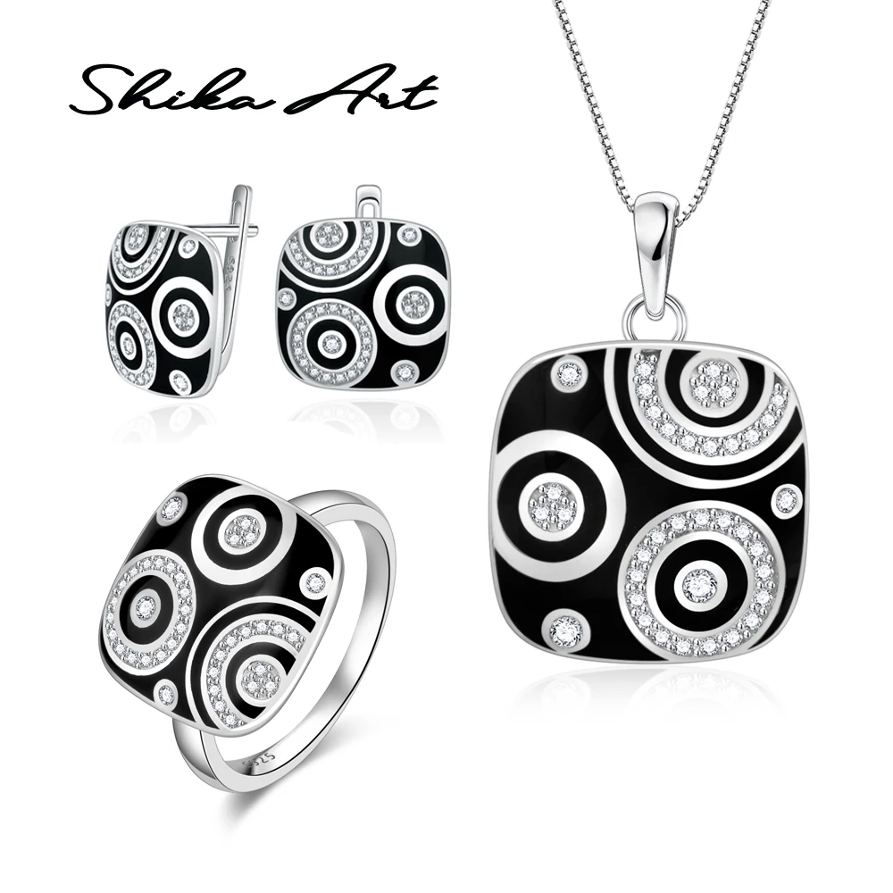 Женский комплект украшений SHIKA ART черное геометрическое кольцо с фианитом серьги