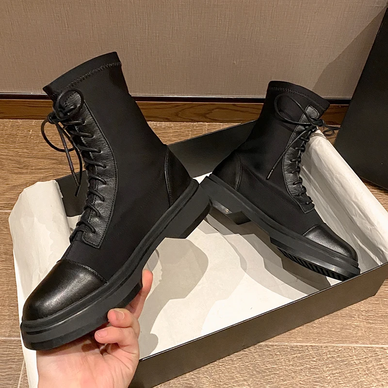 spesifikasi Ukuran 34-43 Untuk Wanita Kulit Sapi Atas Sepatu Musim Gugur Dan Musim Dingin Wanita Sepatu Elastis Sepatu Lace-Up Sepatu Boot Pendek Martin Boots