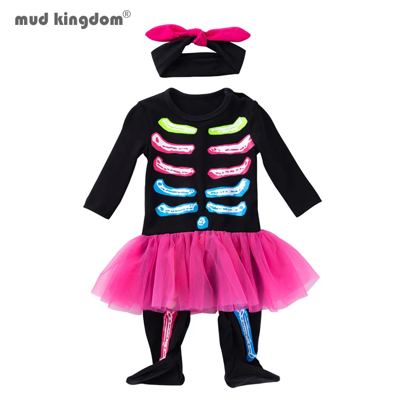 

Mudkingdom Newborn Baby Girls Rompers Footies Halloween Costume Skeleton Printing Soft Tulle Crawl Jumpsuit Infant Clothes