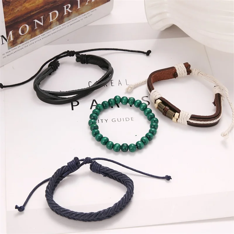 DAXI старинные зеленые бусы браслеты мульти-Слои кожаный браслет мужские