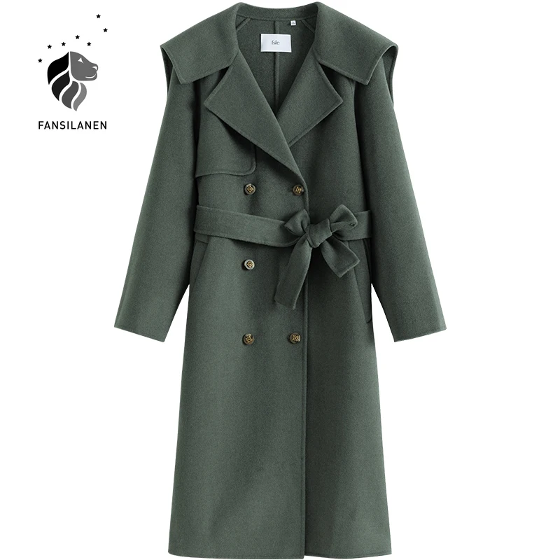

FANSILANEN Gray long elegant wram wool coat Women double breasted winter coat jacket Vintage cashmere female trench blend coat