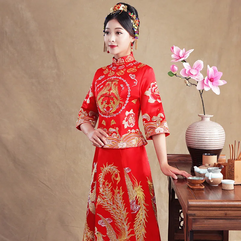 Летнее традиционное китайское свадебное платье с полурукавами и вышивкой в
