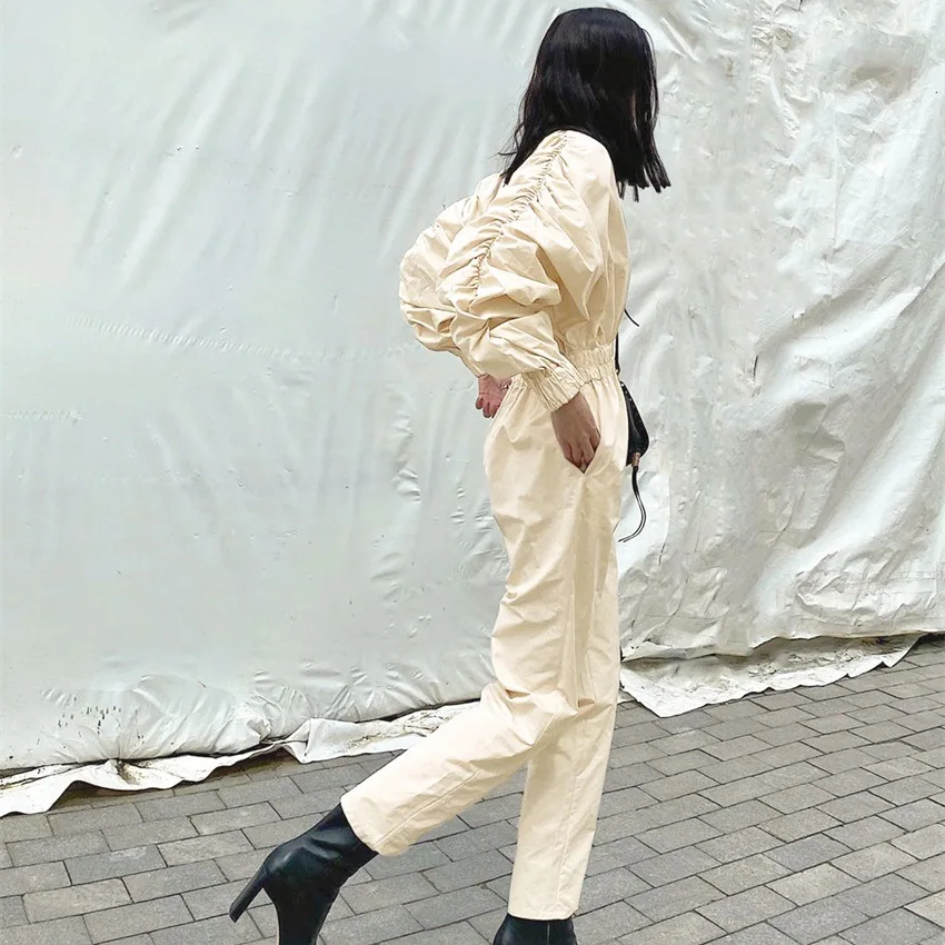 

Women's V Neck High Waist Jumpsuits Straight Elastic Waist Women Rompers Lantern Sleeve Jumpsuits Sexy High Street Bodysuit