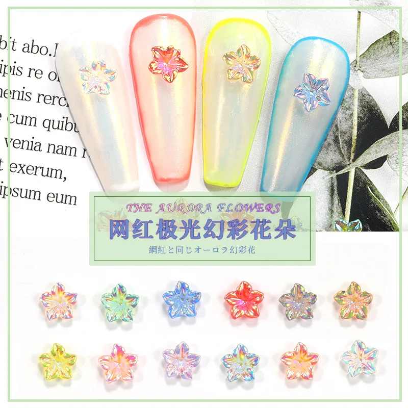 

50Pcs 6mm Sparkle Flower Nail Art Resin Rhinestones Aurora Mixed Color Five-Petal Flower Charms For Nail Manicure Decoration