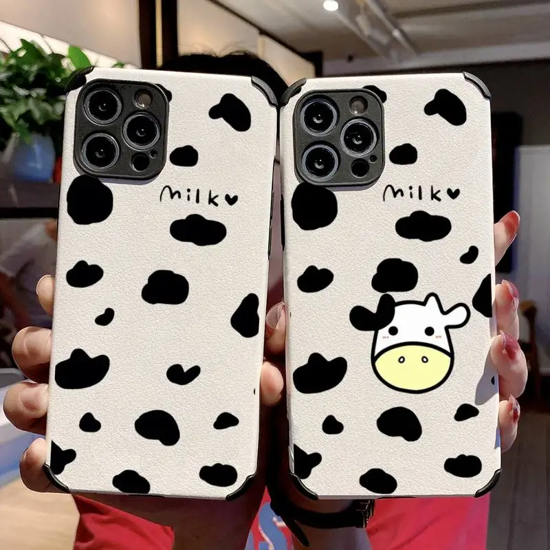 

Cow Milk Black White Phone Case Lambskin Leather For iphone 12 11 8 7 6 XR X XS PLUS MINI PLUS PRO MAX Shockproof