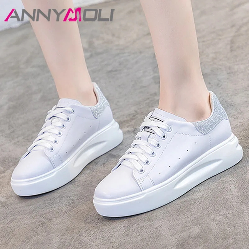 

Туфли ANNYMOLI женские с круглым носком, платформа, плоская подошва, блестящие, перекрестная шнуровка, повседневная обувь, черные, 42 43, весна-лет...