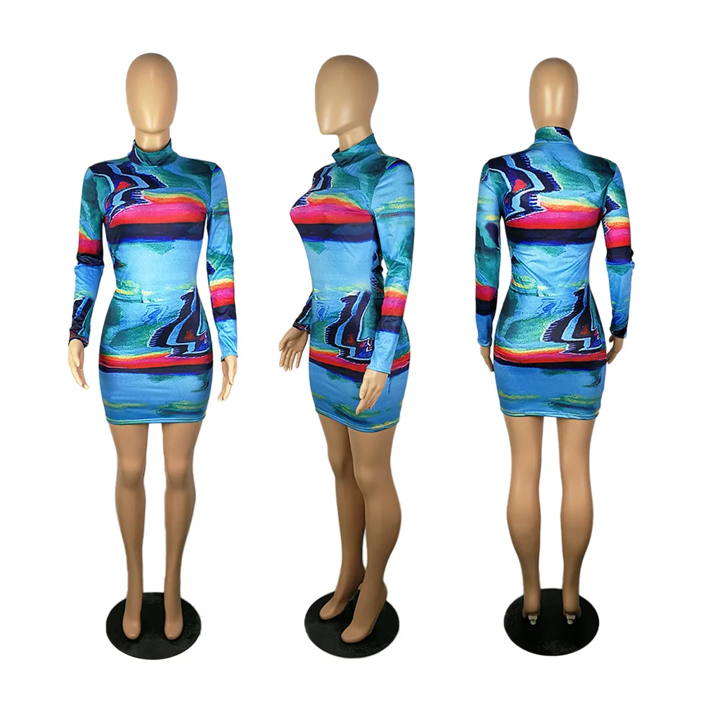 

Graffiti Print Long Sleeves Stand Neck Woman Dress 2020 New Autumn European and American Office Lady Skinny Dress