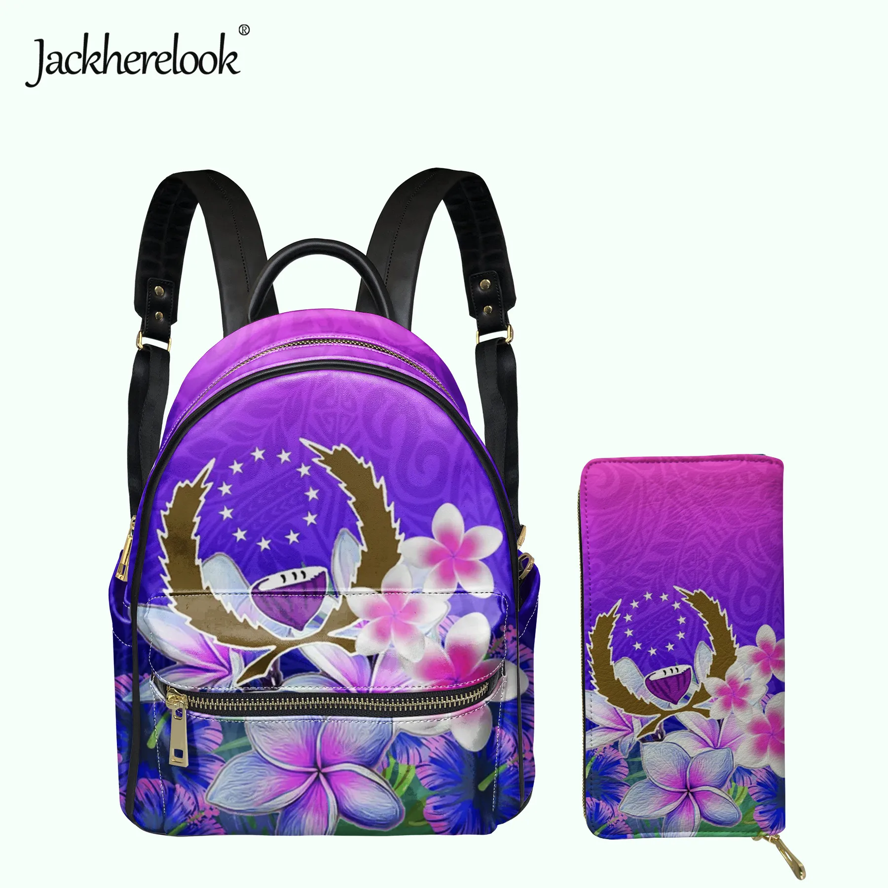 

Jackherelook Pohnpei Polynesian Plumeria Print PU Backpack Wallet 2pcs/Set for Women Luxury Satchel Girls Small Campus Schoolbag